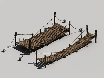 Rustic Wooden Suspension Bridges With Rope Railings Wooden Planks And Support Posts 3d model