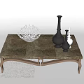 Elegant Marble Coffee Table With Metal Legs Decorative Vases Ornamental Sculpture And Gray Shag Rug