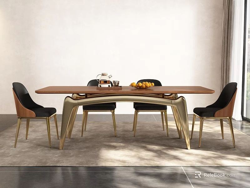 Modern Luxury Dining Table Set with Wooden Top Gold Curved Legs and Black Dining Chairs 3d model 