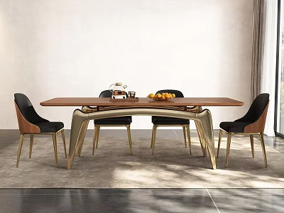 Modern Luxury Dining Table Set with Wooden Top Gold Curved Legs and Black Dining Chairs 3d model