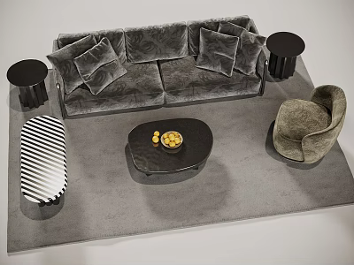 Modern Grey Sofa And Coffee Table Set With Pillows Fruit Side Tables Ottoman Accent Chair 3d model
