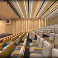 Large Conference Room With Yellow Seats Neatly Arranged Red Curtain And Wooden Walls