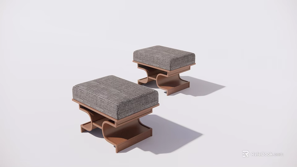 Modern Sofa Stools With Gray Fabric Seats And Wooden Geometric Legs 3d model 