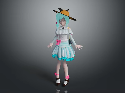 Anime Game Character With Teal Hair Witch Hat White Top Blue Skirt And Pink Bow 3d model