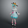 Anime Game Character With Teal Hair Witch Hat White Top Blue Skirt And Pink Bow