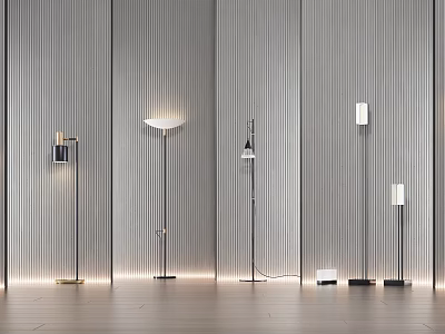 Modern Floor Lamps With Various Designs In Gray Striped Wall Interior 3d model
