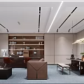 Modern Office Interior Design With Workstation Leather Sofa Wooden Bookshelves And Recessed Lighting