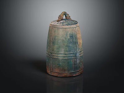Ancient Lidded Earthenware Jar With Greenish Blue Glaze And Striped Surface Texture 3d model