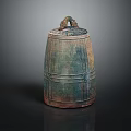 Ancient Lidded Earthenware Jar With Greenish Blue Glaze And Striped Surface Texture