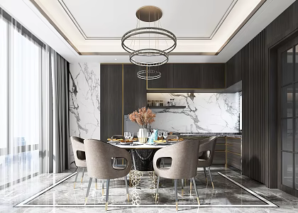 Light Luxury Restaurant Open Kitchen Dining Table Chair Tableware Chandelier Cabinet 3d model