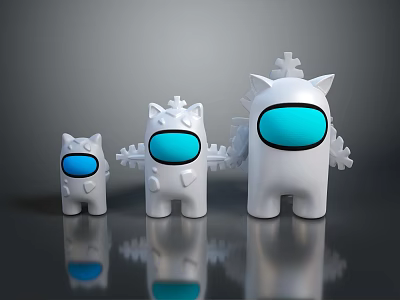 Three Different Sizes White Game Movie Characters With Blue Eyes And Snowflake Decorations 3d model