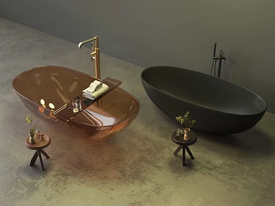 Amber Transparent And Black Freestanding Bathtubs With Small Stools And Plants 3d model