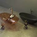 Amber Transparent And Black Freestanding Bathtubs With Small Stools And Plants