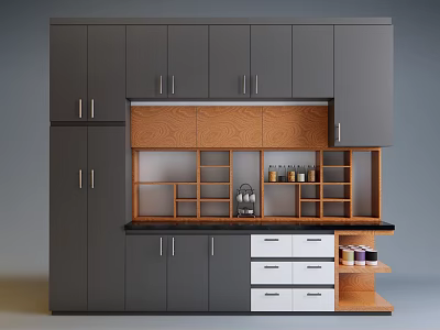 Modern Kitchen Cabinets with Gray And Wooden Design Open Shelves And Drawers 3d model