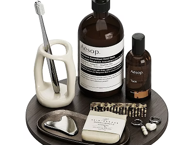 Aesop Daily Wash Essentials Set With Toothbrush Soap And Wooden Organizer Tray 3d model