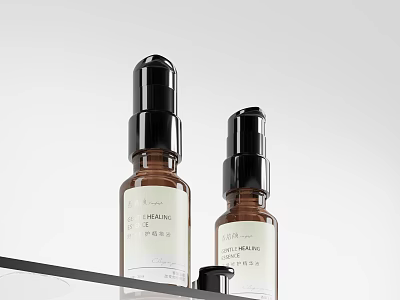 Perfume Cosmetics Brown Glass Bottles With Black Spray Pumps And Labels On Glass Shelf 3d model