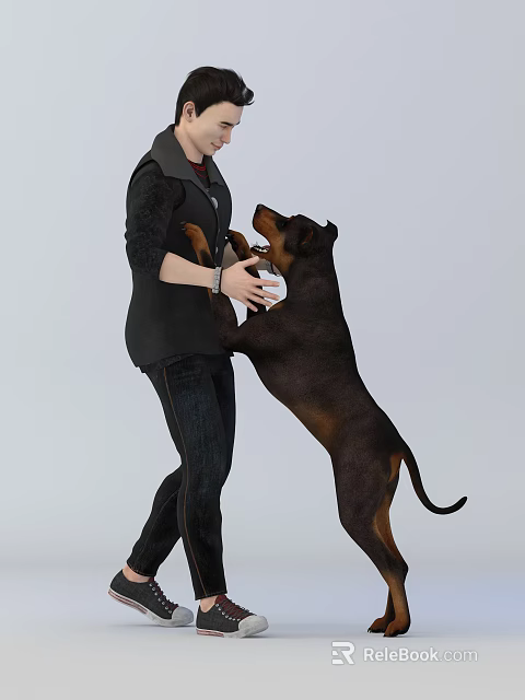 Man Playing With Large Dog Standing On Hind Legs In Indoor Space 3d model 