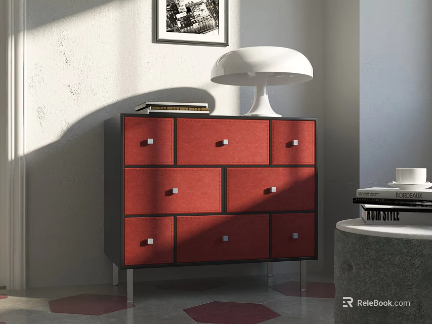 Entrance Side Cabinet With Red Drawers Metal Legs And Table Lamp In Modern Interior 3d model 
