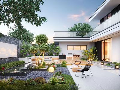 Modern Garden Landscape With Paved Patio Water Fountain Outdoor Seating And Green Plants 3d model