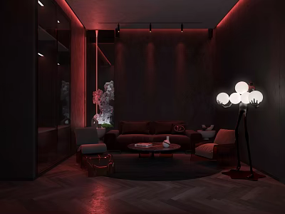 Modern Home Theater Room With Dark Sofa Red Lighting Floor Lamp And Cozy Ambiance 3d model