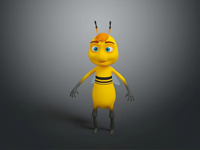 Cute Cartoon Bee Character With Yellow Body Black Stripes Blue Eyes Orange Hair And Antennae 3d model