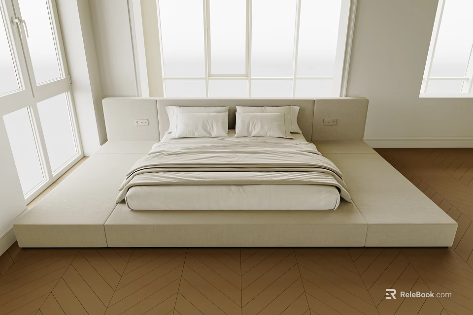 Modern Luxury Minimalist Double Bed With White Bedding Large Windows Wooden Floor And Elegant Design 3d model 