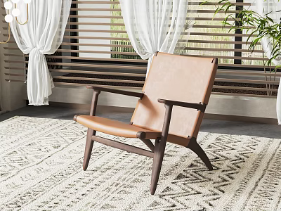 Modern Tan Leather Leisure Chair With Wooden Frame On Geometric Pattern Rug In Bright Room 3d model