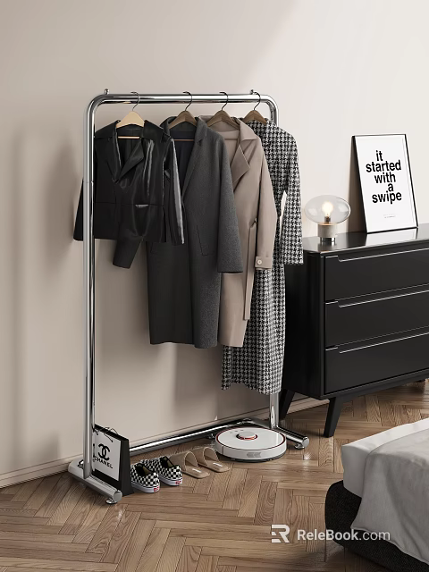 Clothes Rack with Hanging Coats Black Dresser Lamp and Sign in Modern Room Interior 3d model 