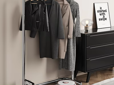 Clothes Rack with Hanging Coats Black Dresser Lamp and Sign in Modern Room Interior 3d model