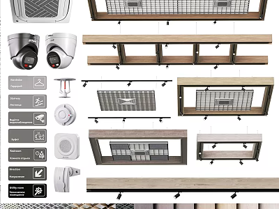 Modern Ceiling Design With Wooden Panels Metal Grids And Integrated Lighting Fixtures 3d model