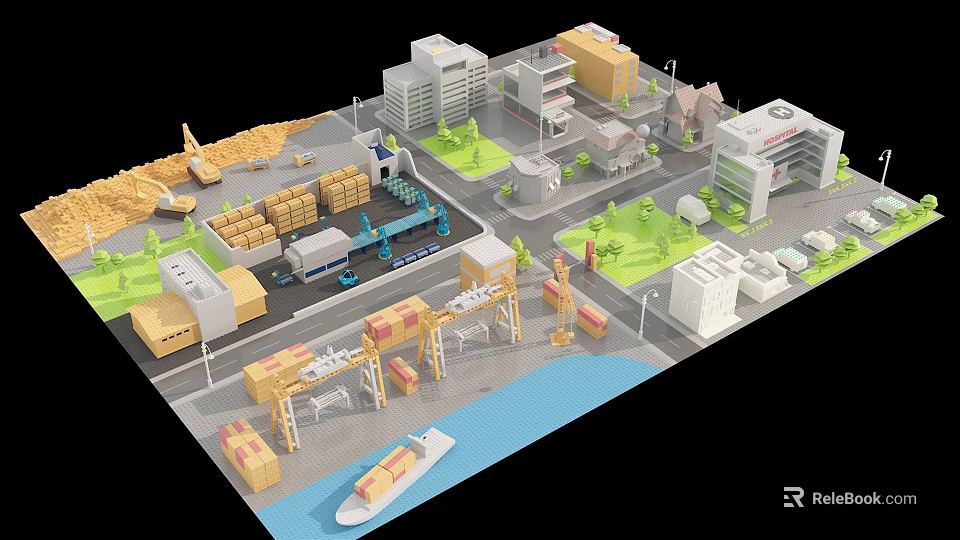 Cartoon Port Logistics Scene With Containers Cranes Ship Trucks And Buildings 3d model 
