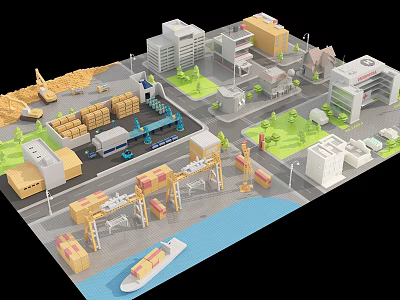 Cartoon Port Logistics Scene With Containers Cranes Ship Trucks And Buildings 3d model