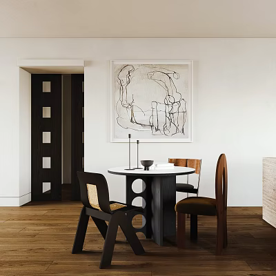 Modern Interior Round Dining Table Set with Mixed Design Chairs and Abstract Wall Art 3d model