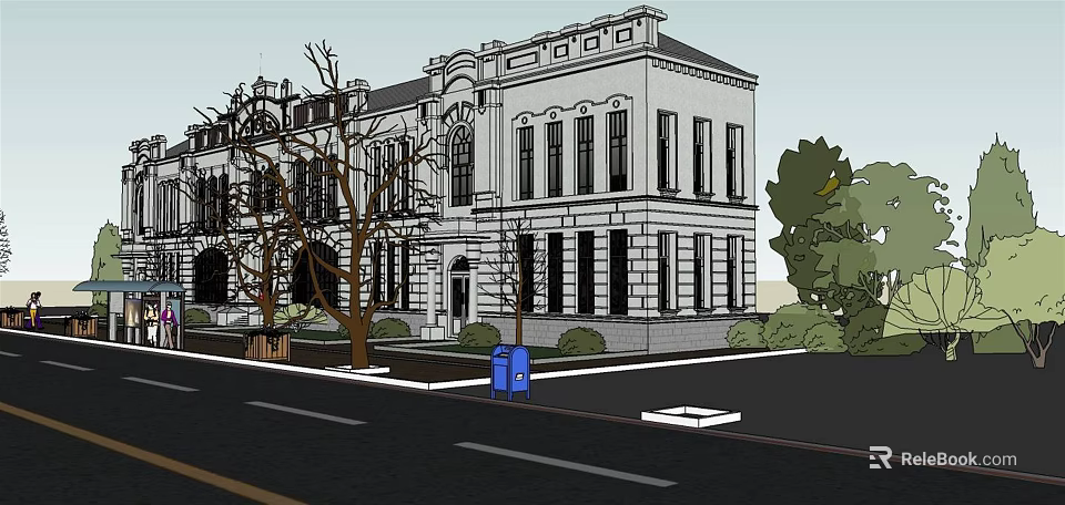 Historic Classic Architecture Building With White Exterior Windows And Street Trees 3d model 