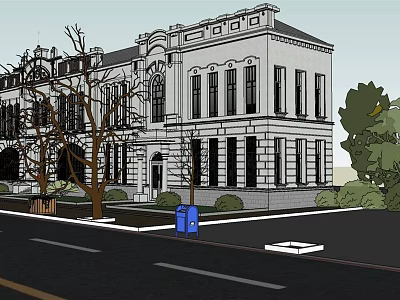 Historic Classic Architecture Building With White Exterior Windows And Street Trees 3d model