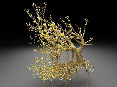 Decorative Golden Tree Sculpture With Intricate Roots And Falling Leaves 3d model
