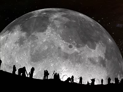 Interactive Viewing Area With Giant Moon Starry Sky And People On Hill 3d model