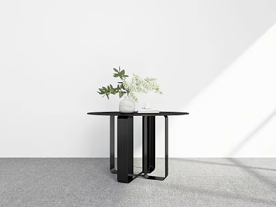 Minimalist Dining Table With Black Frame Round Top And White Vase Green Plant 3d model