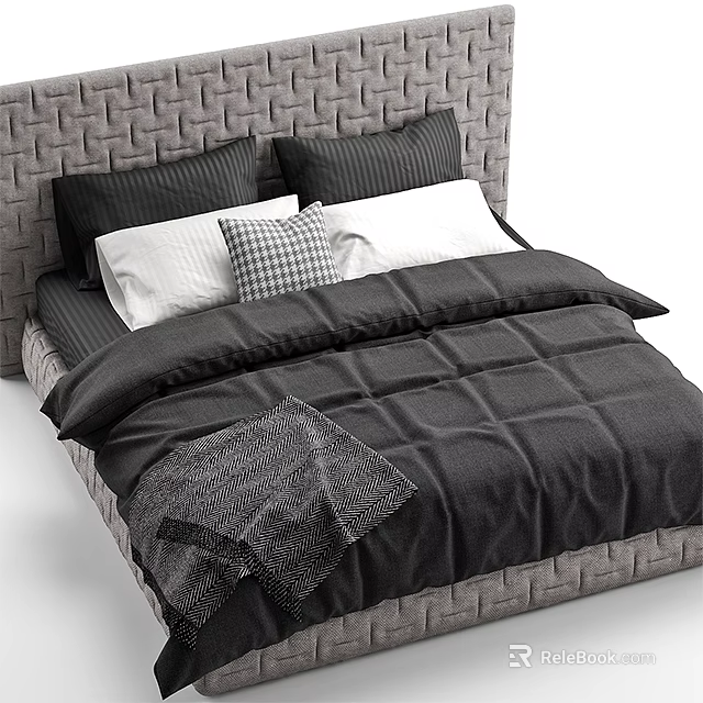 Double Bed with Woven Headboard Multiple Pillows and Cozy Blanket in Modern Gray Tones 3d model