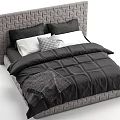 Double Bed with Woven Headboard Multiple Pillows and Cozy Blanket in Modern Gray Tones 3d model