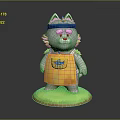 Animated Gray Cat Character Wearing Blue Headband Yellow Apron With Blue Logo On Green Base