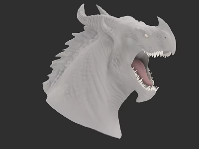 White Mythical Flying Dragon Head Model With Horns Sharp Teeth And Open Mouth 3d model