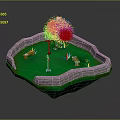 Scenic Park Landscape With Green Grass Tree Street Lamp Wooden Benches And Stone Wall Fence