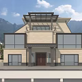 Modern Detached Villa Exterior Design With Stone Facade Large Glass Windows And Mountain View