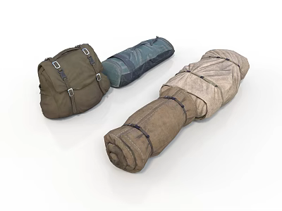 Rolled Outdoor Camping Gear In Brown Green And Beige With Straps 3d model