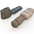 Rolled Outdoor Camping Gear In Brown Green And Beige With Straps