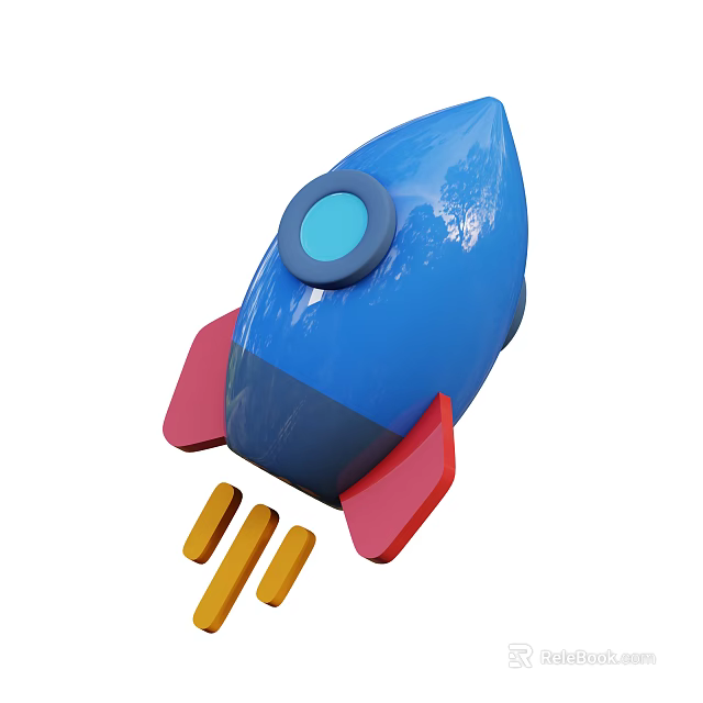 Blue Rocket Shaped Decorative Ornament Set With Red Wings And Yellow Jet Parts 3d model 