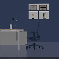 Ergonomic Blue Office Chair in Modern Office Setting with Desk Lamp Laptop and Green Plant