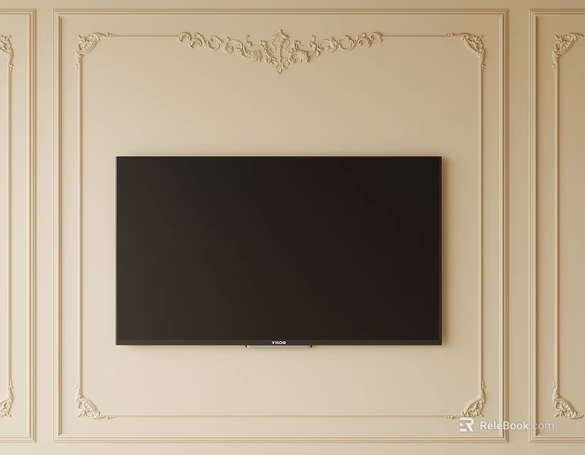 Flat Screen Television Mounted On Decorative Wall With Ornate Moldings 3d model 