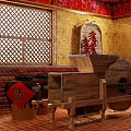 Traditional Agricultural Equipment Stone Mill With Wooden Structure And Rustic Farm Decor